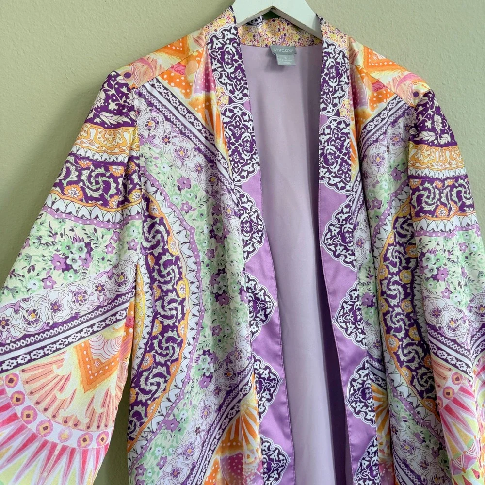 Chico's Colorful Mandala Print Open Front Kimono Womens‎ 2  US Large Bloomcore
